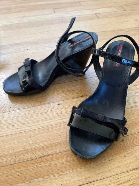 Prada Black Patent Leather Bow Ankle-Strap Sandals - Picture 1 of 5